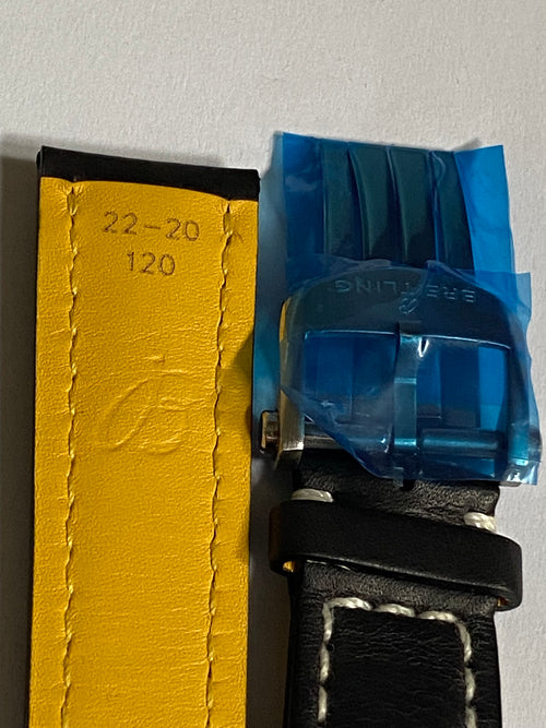 Breitling 22-20 mm black leather strap with silver deployment buckle 435X